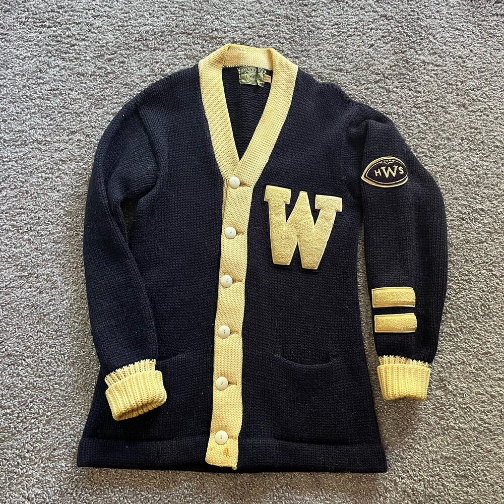 True Vintage 50s 60s Wool Football Varsity Cardigan Sweater Letter W Revere